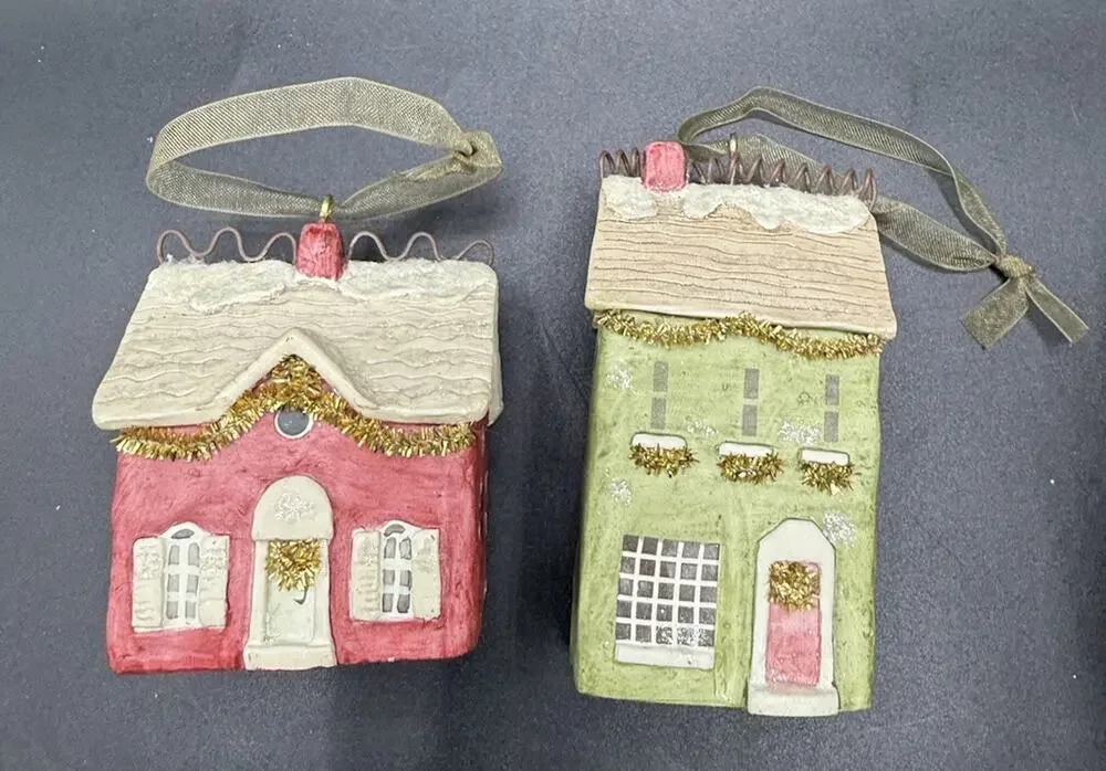 Vtg Lot Of 2 Hallmark Old Town Village Homes Ceramic Christmas Ornaments -LO24